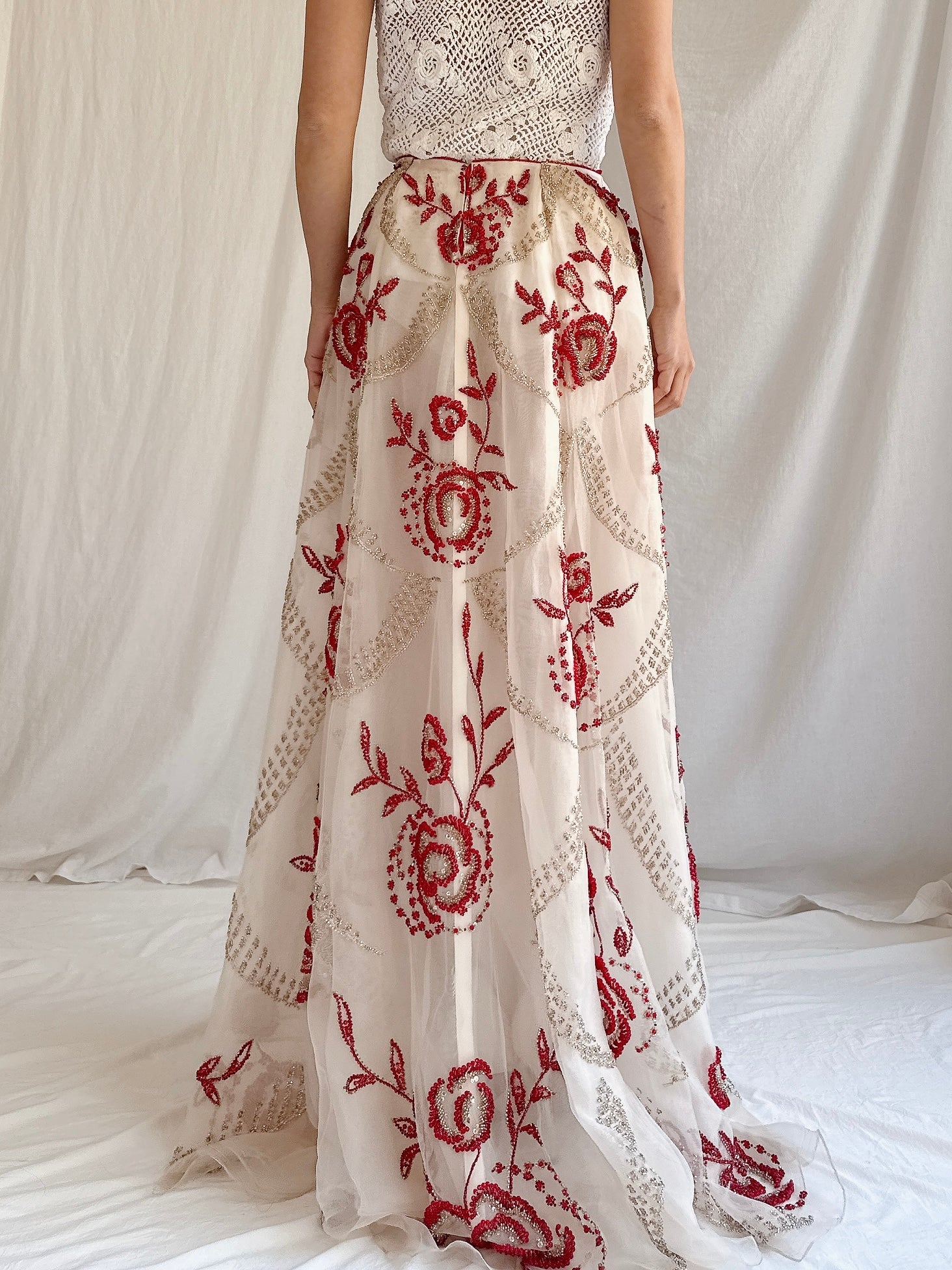 Vintage Handmade Beaded Organza Skirt - 28”