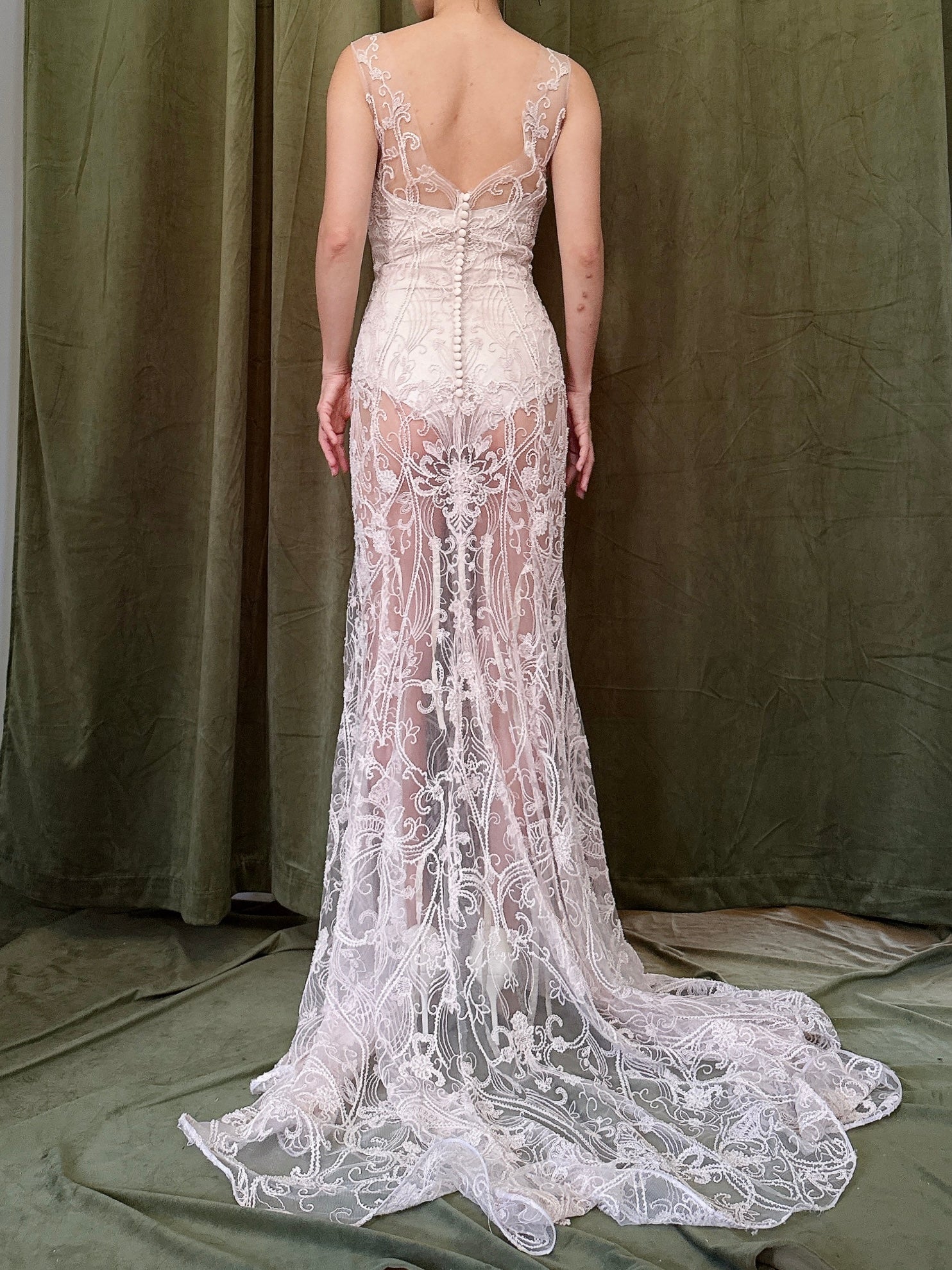 00 Light Pink Sheer Beaded Gown - M