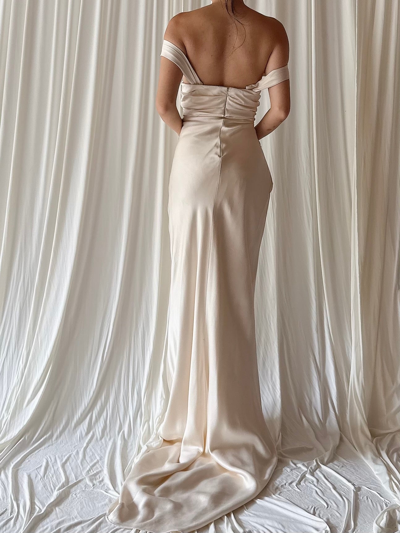 Vintage Silk Draped Bias Cut Gown with Detachable Train - M