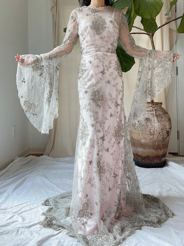 Angel Sleeves Gray Beaded Gown - S/M