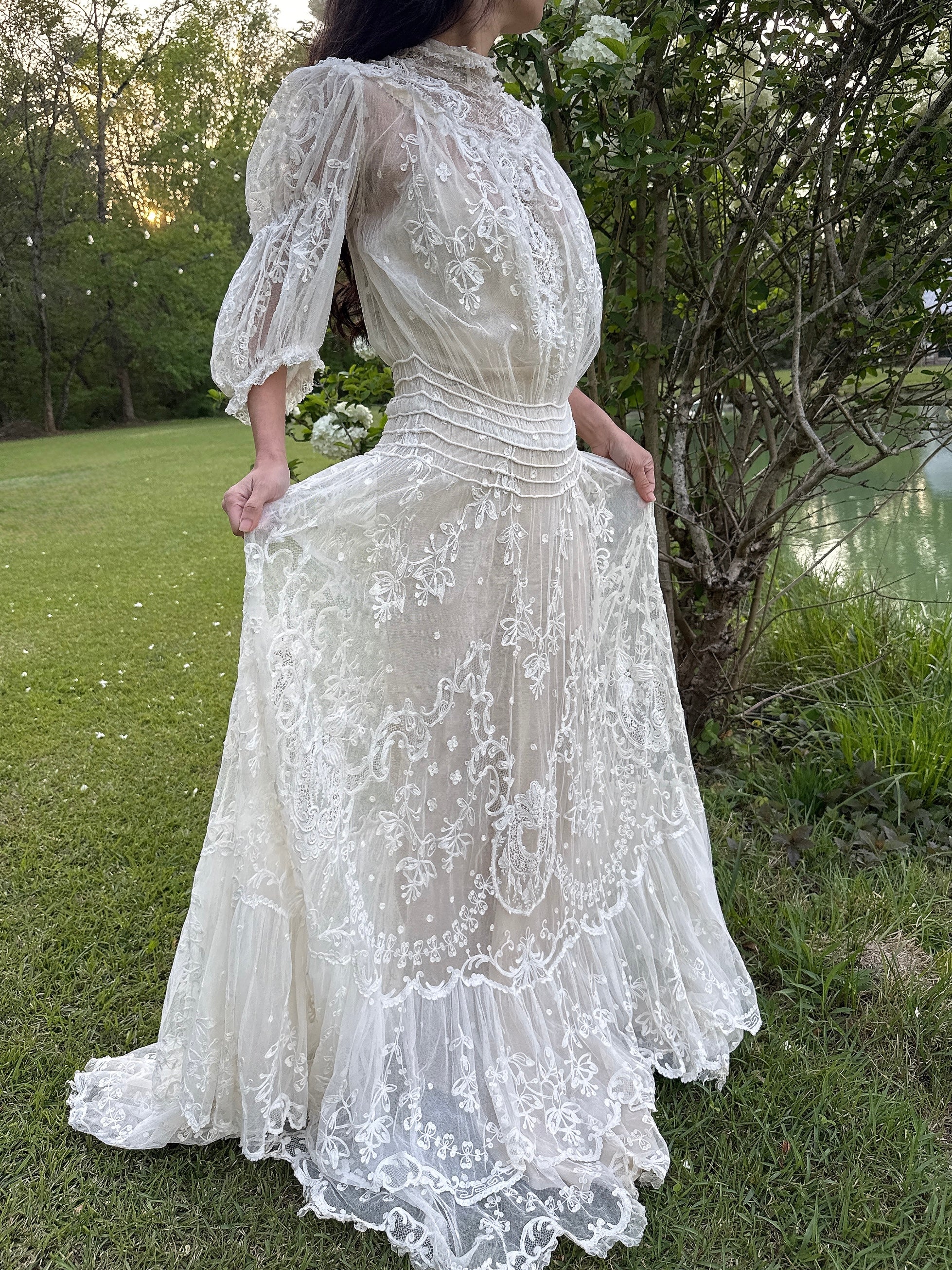 Rare Antique Tambour Lace Gown - S