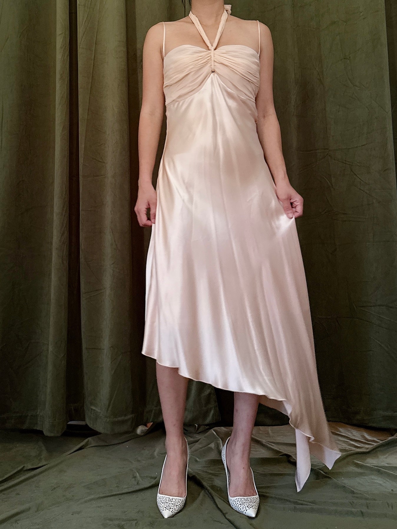 Vintage Peach Silk Halter Dress - M