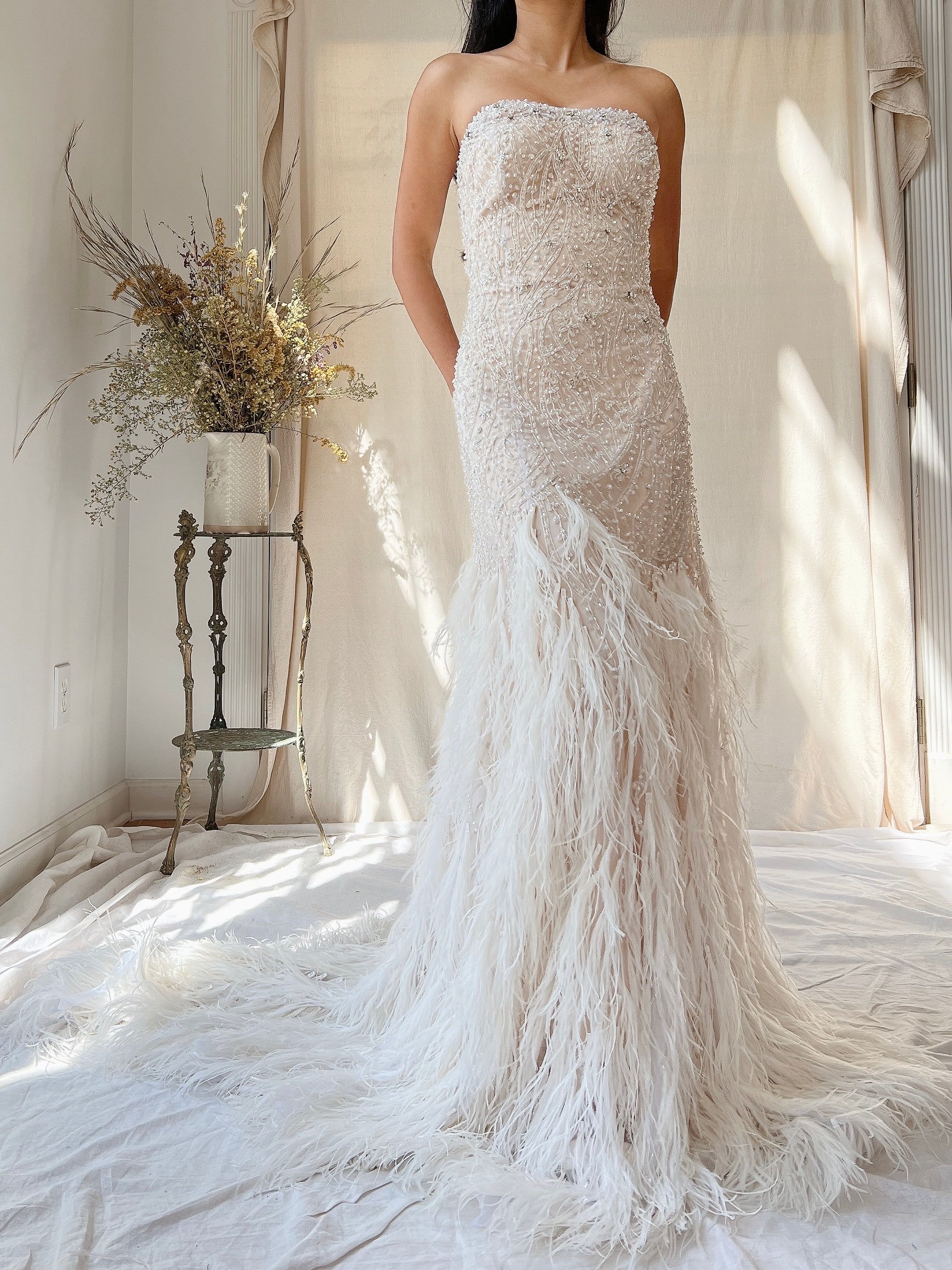 1990s Glass Crystals Ostrich Feather Trained Gown - M