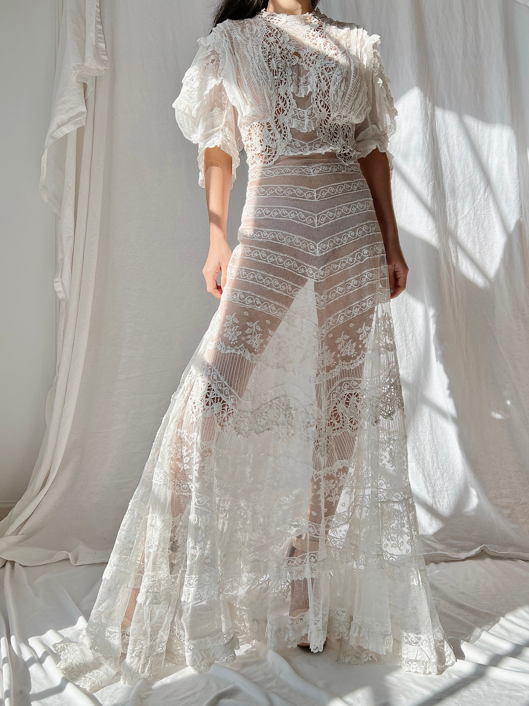Rare Puff Sleeve Antique Tulle and Valenciennes Gown - S