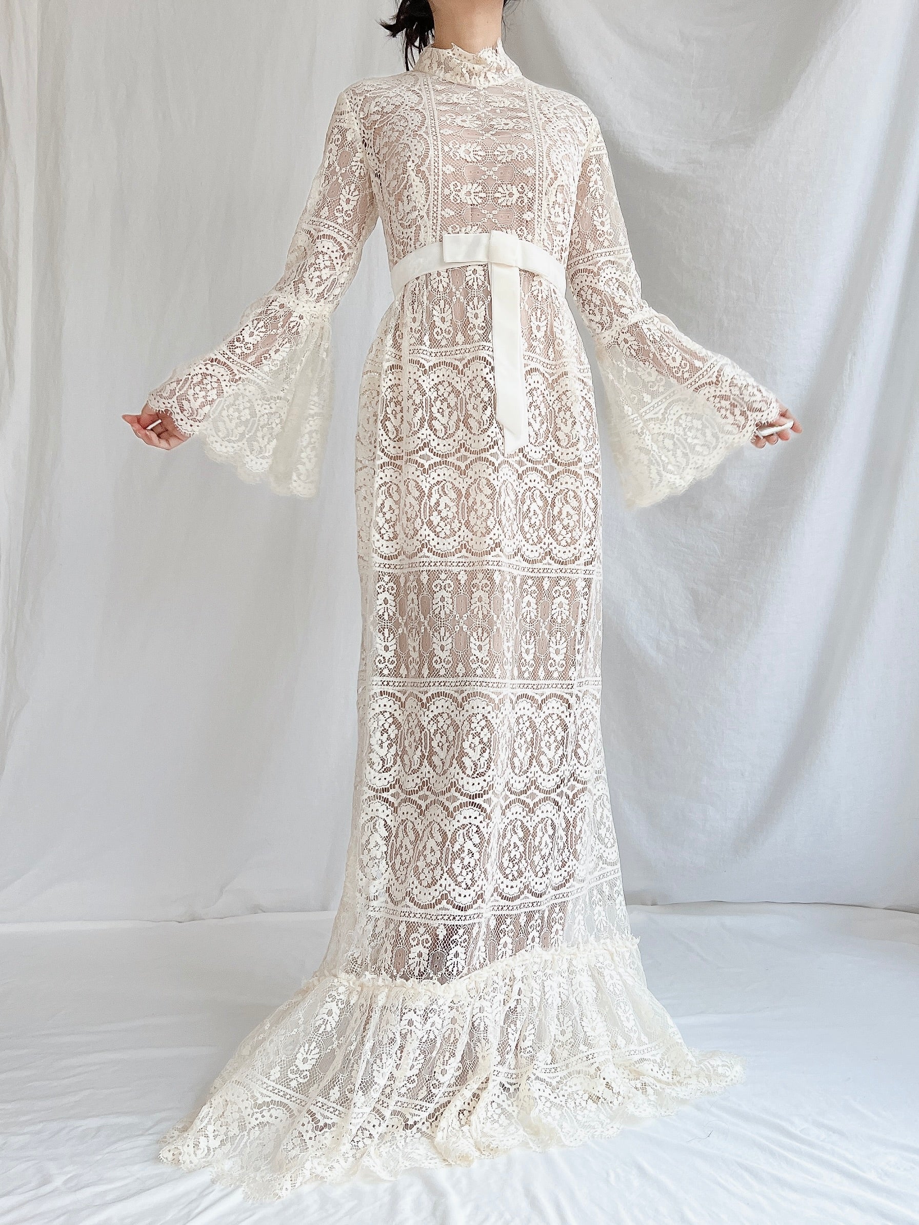 1970s Sheer Filet Lace Gown - M