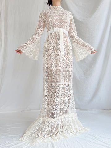 1970s Sheer Filet Lace Gown - M