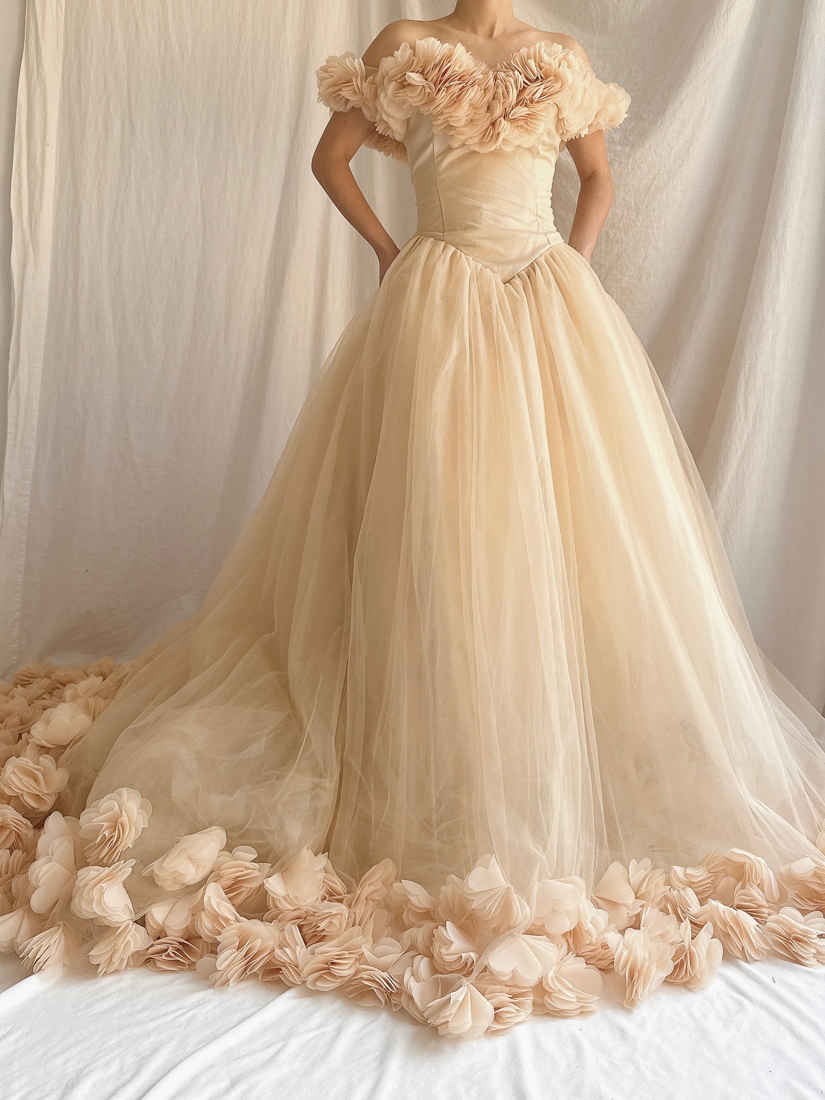 Nude Peach Tulle Flower Dress - S-L