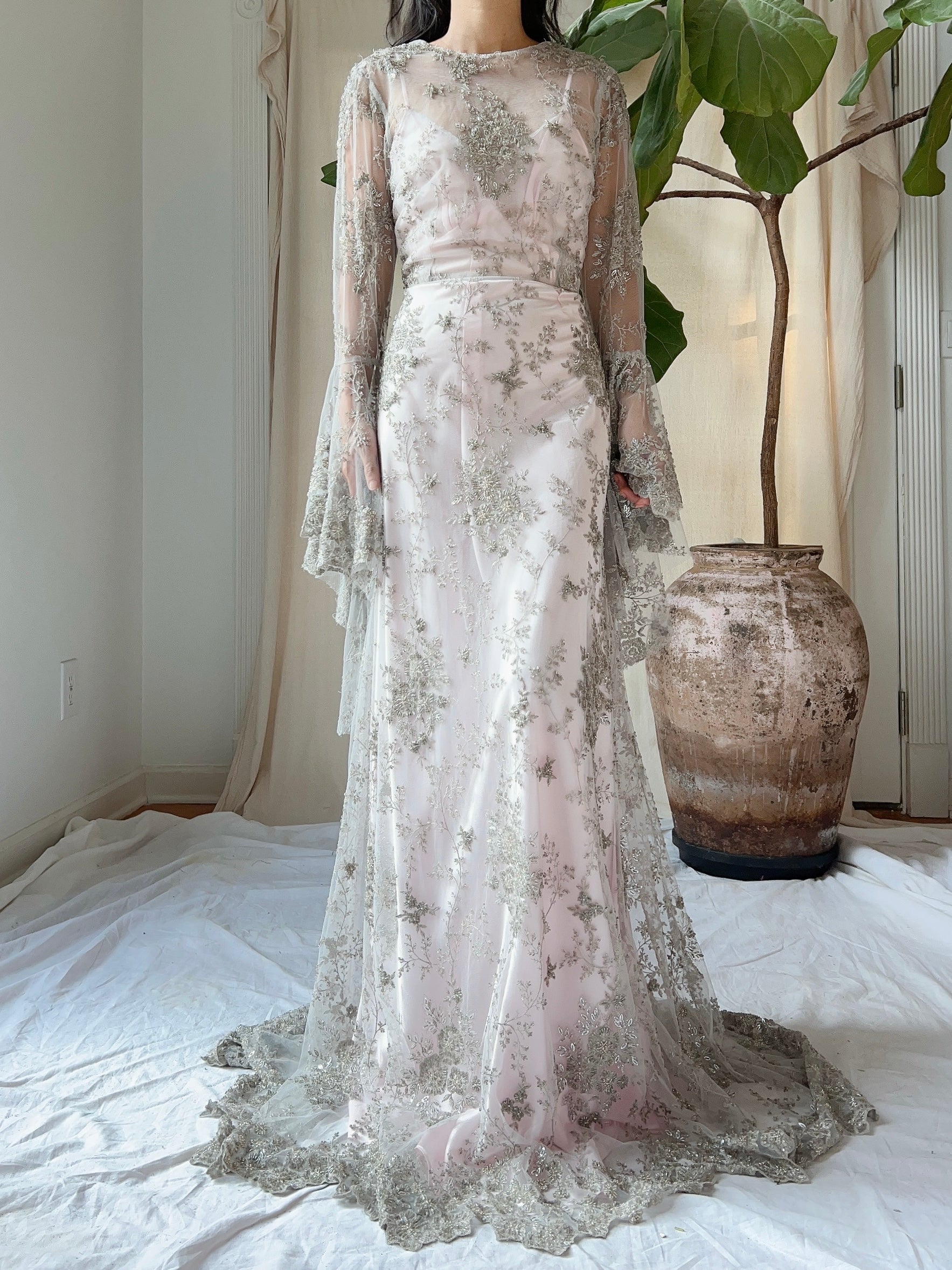 Angel Sleeves Gray Beaded Gown - S/M