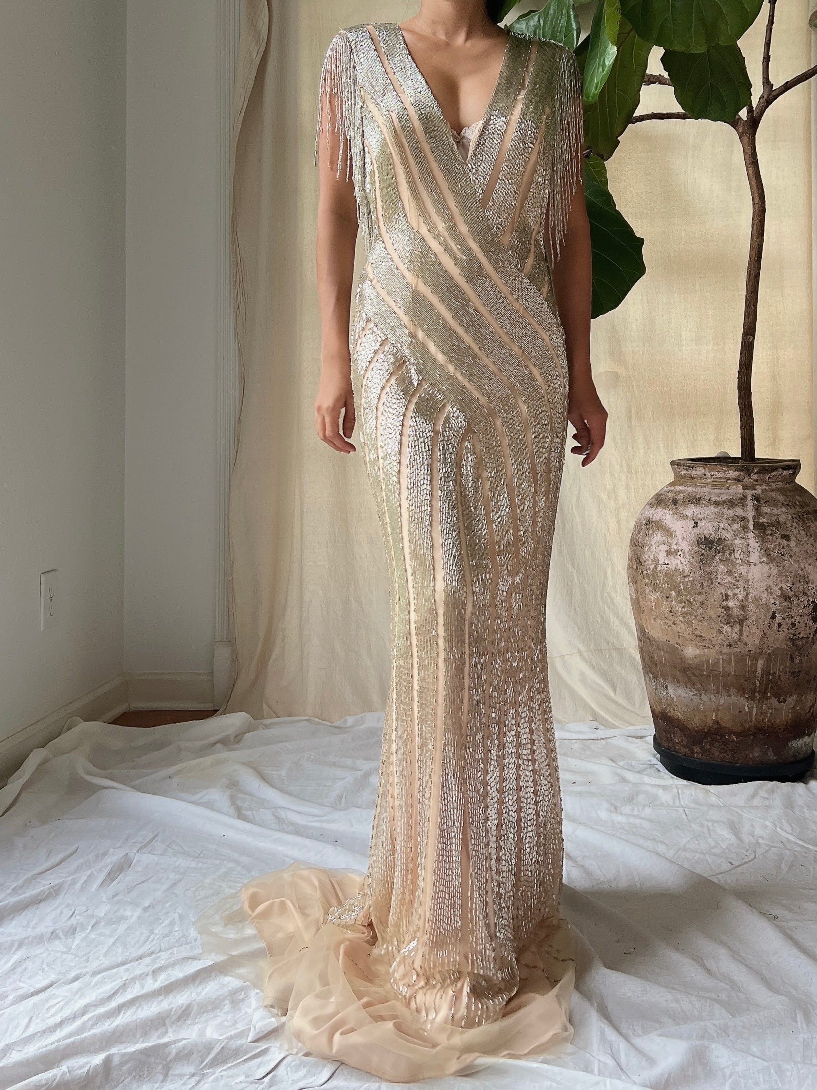 Vintage Beaded Gold/Nude Gown - S/4