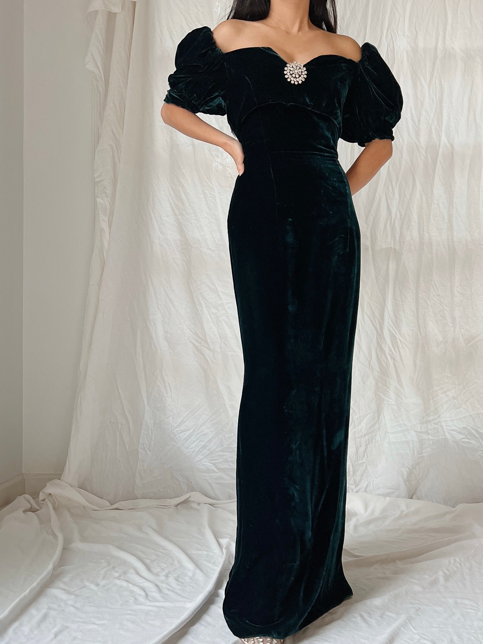 Vintage Teal Velvet Puff Sleeve Dress - XS/S