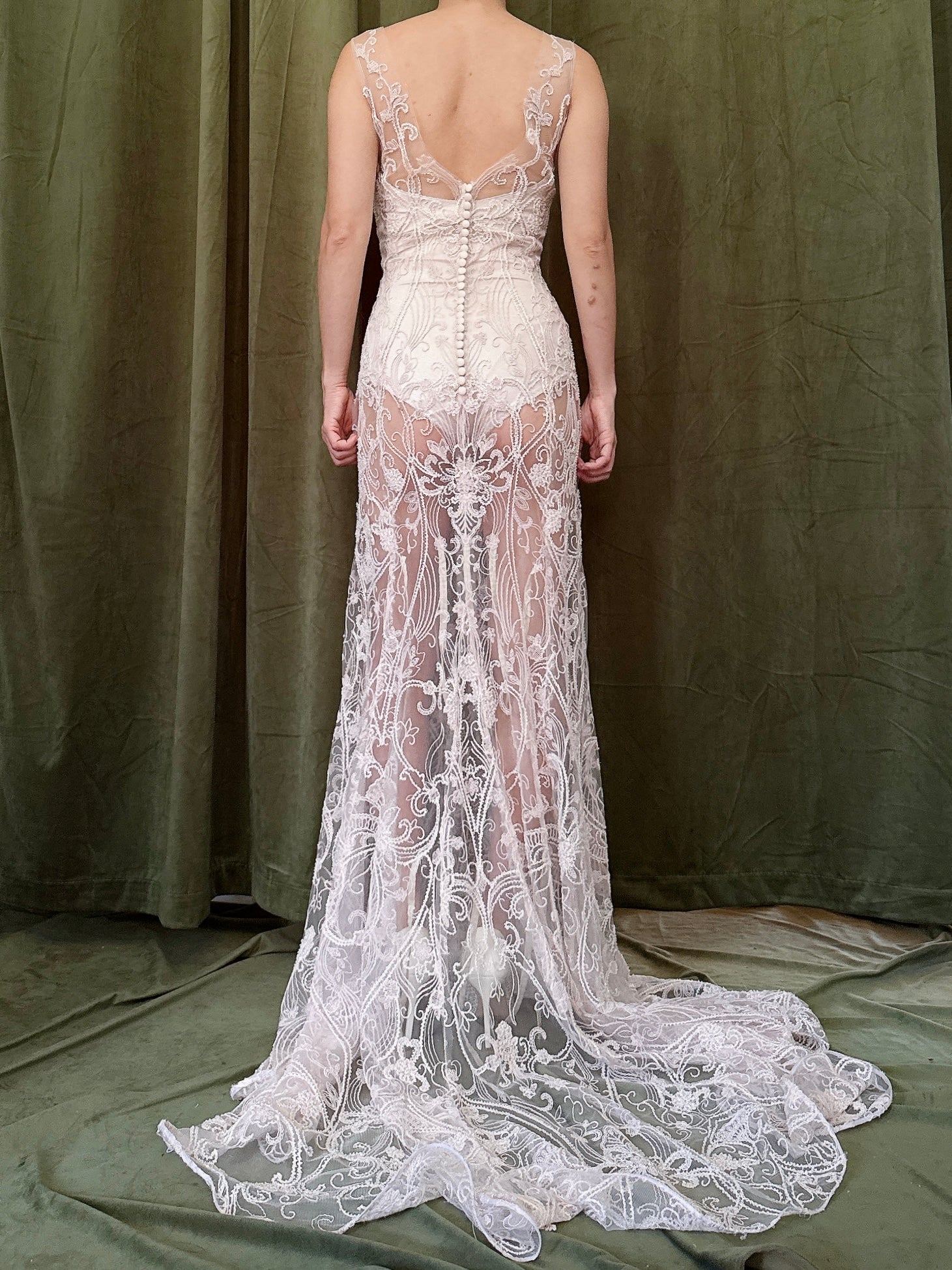 00 Light Pink Sheer Beaded Gown - M