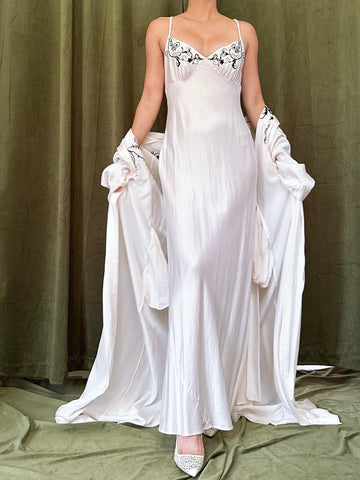 Vintage Silk Slip and Robe Set with Black Embroidery - XS