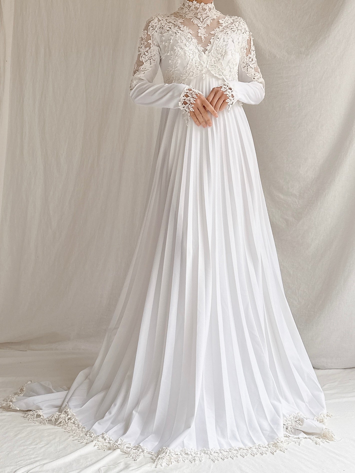 1970s Jersey Pleated Embroidered Gown - S