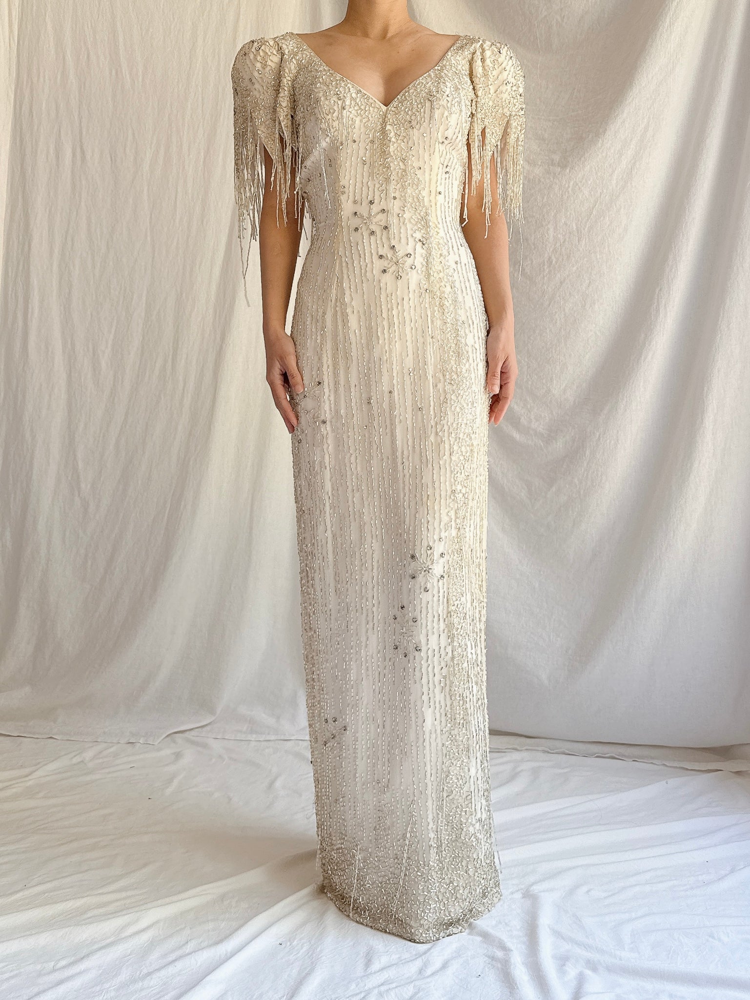 1980s Silk Chiffon Beaded Tassel Gown - S