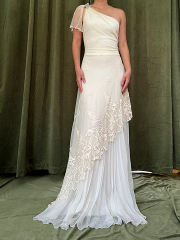Vintage Rayon Tulle Chiffon One Shoulder Gown - S/4