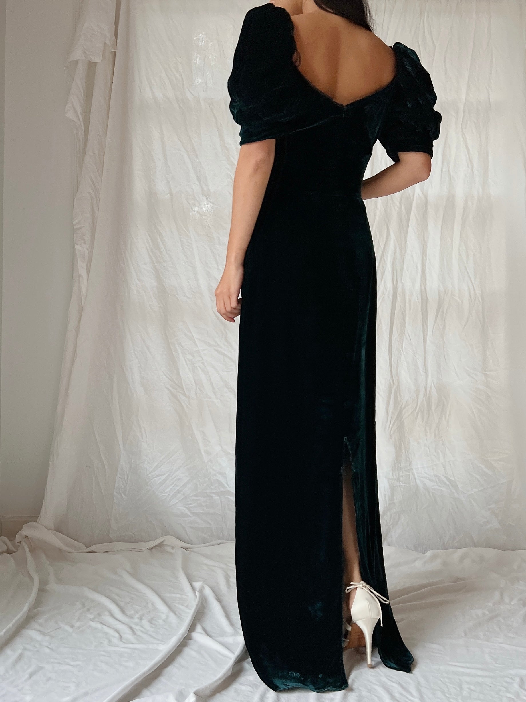 Vintage Teal Velvet Puff Sleeve Dress - XS/S