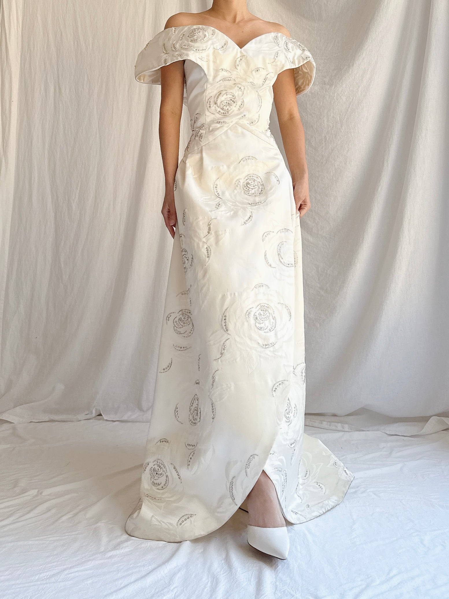 1980s Satin Rhinestone Roses Gown - M/L