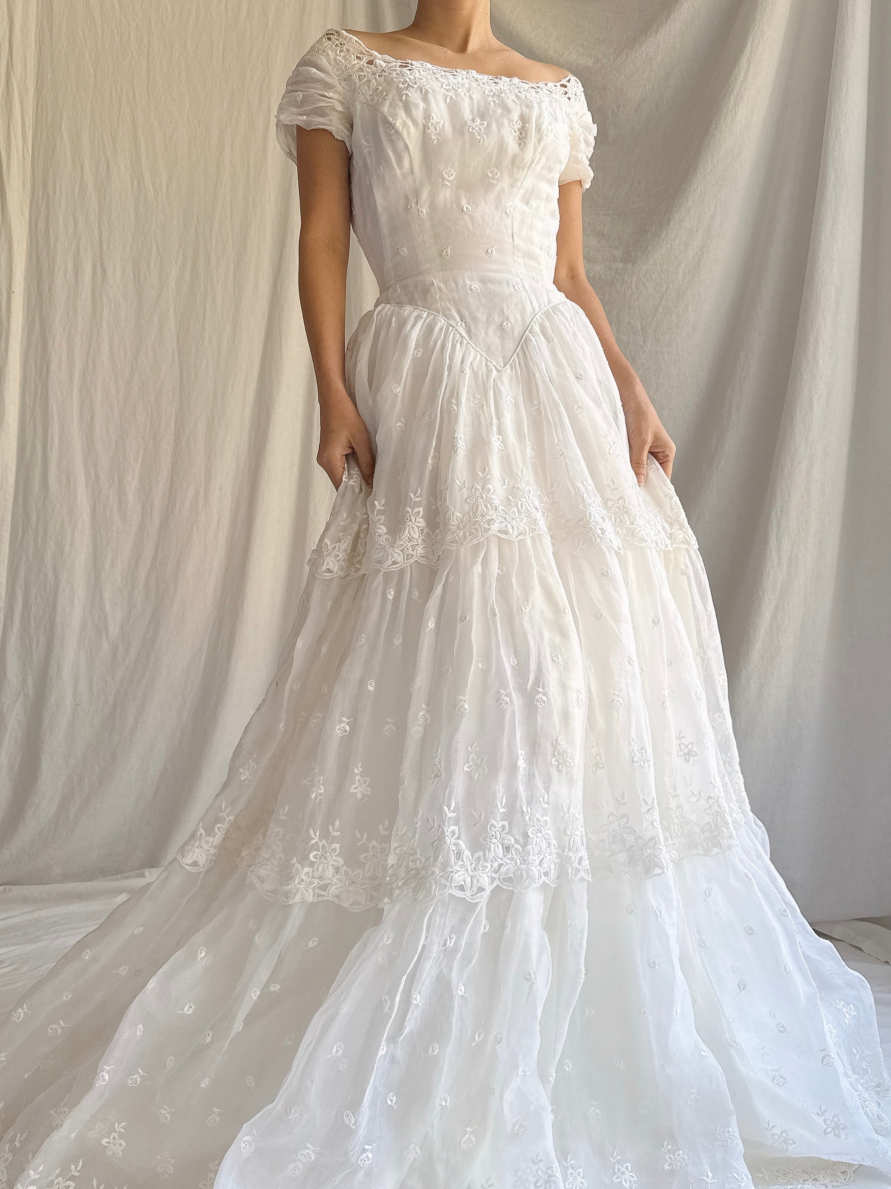 RESERVED for Colette 1950s Organdy Embroidered Gown - XS
