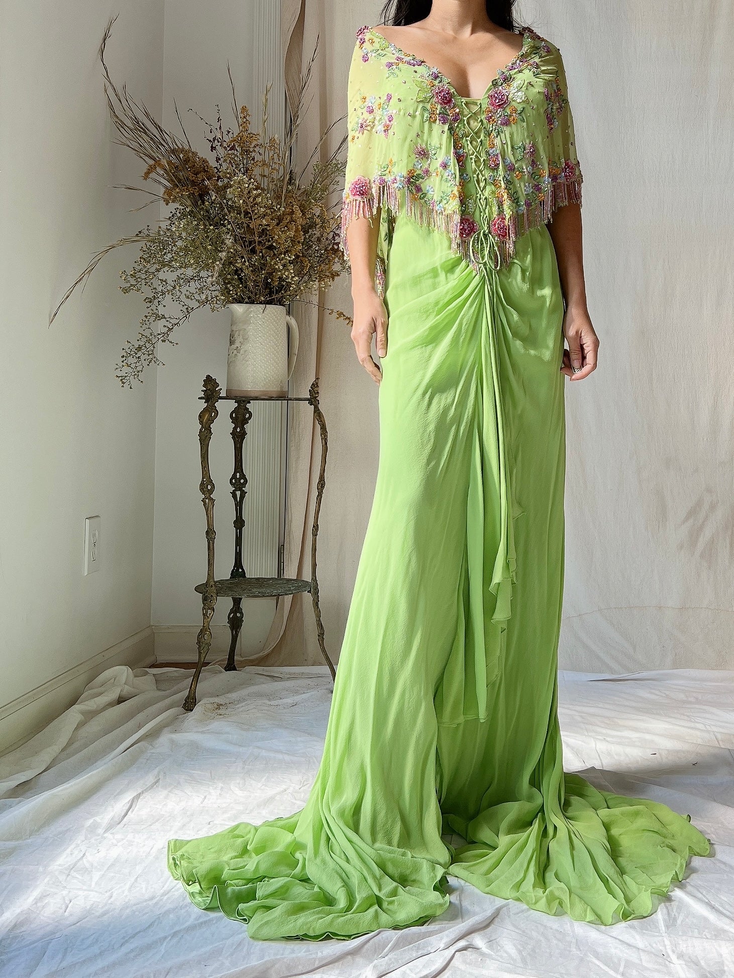 Vintage Chartreuse Belleville Sassoon Silk Cape Dress - XL/UK18