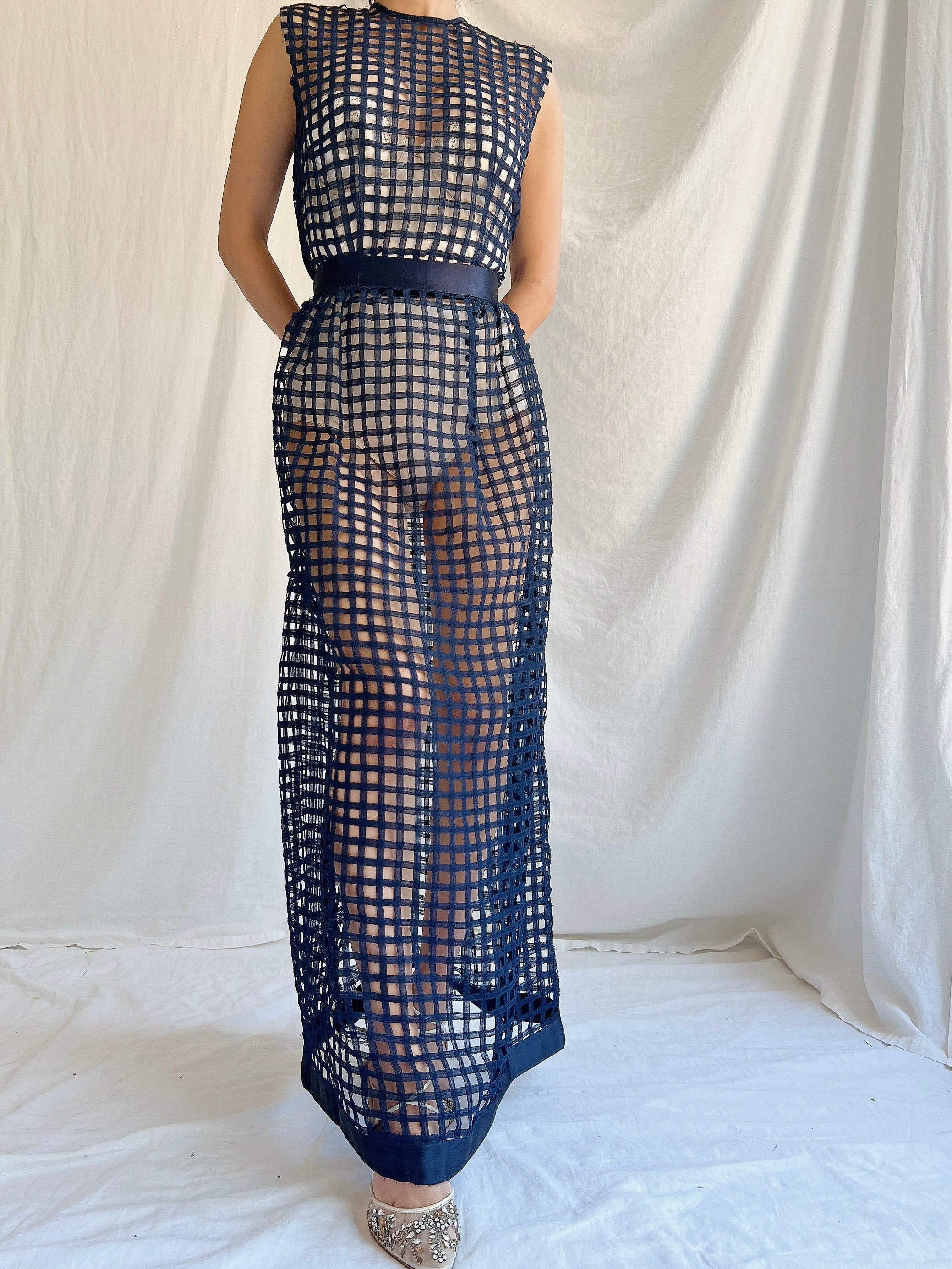1960s Navy Blue Silk Woven Dress - S/M