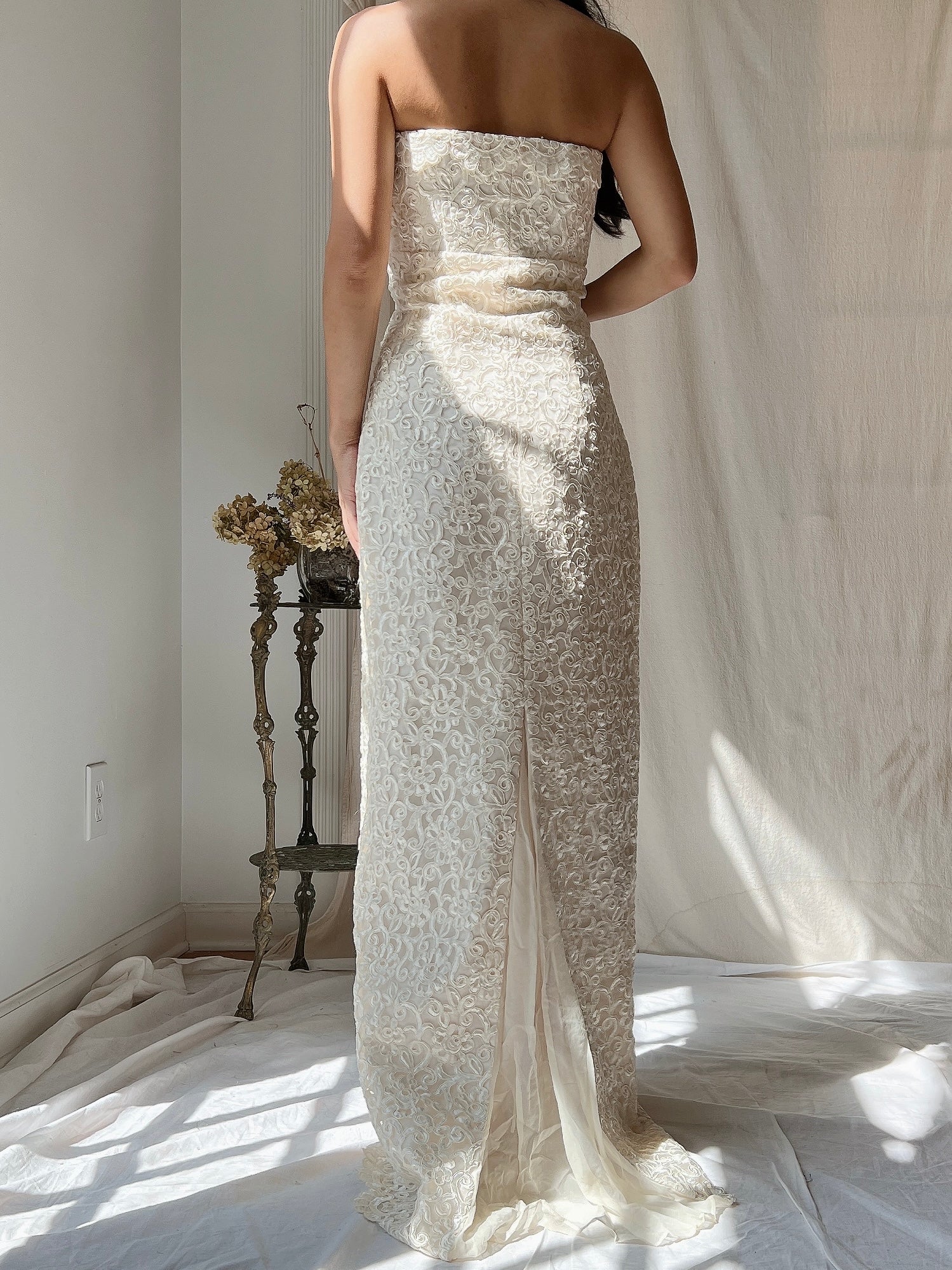 Vintage Silk Embroidered Column Gown - S/6