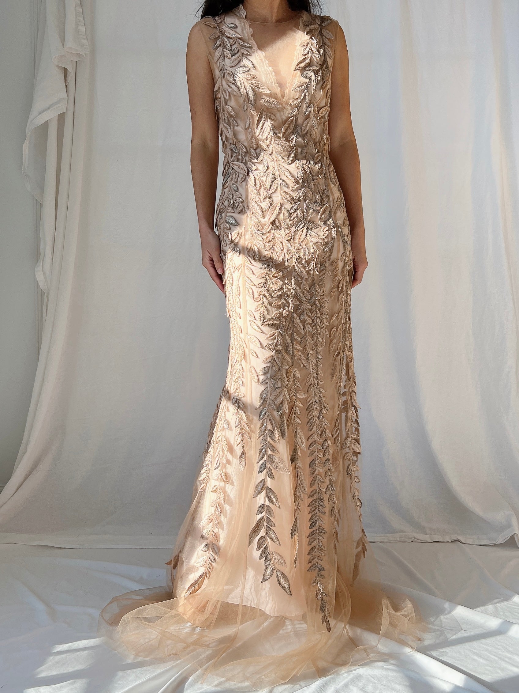 Vintage Sheer Leaf Applique Dress - S/4
