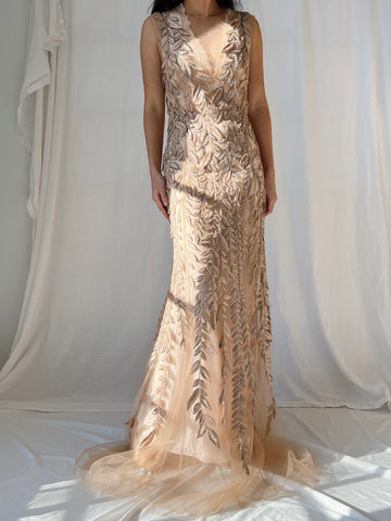 Vintage Sheer Leaf Applique Dress - S/4