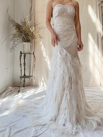 1990s Glass Crystals Ostrich Feather Trained Gown - M