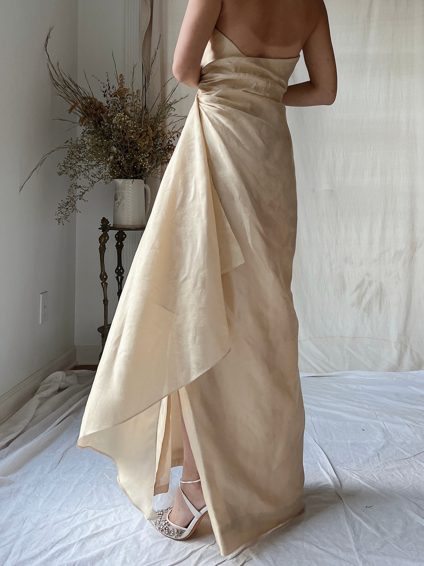 Vintage Eggshell Dupioni Silk Dress - S/4