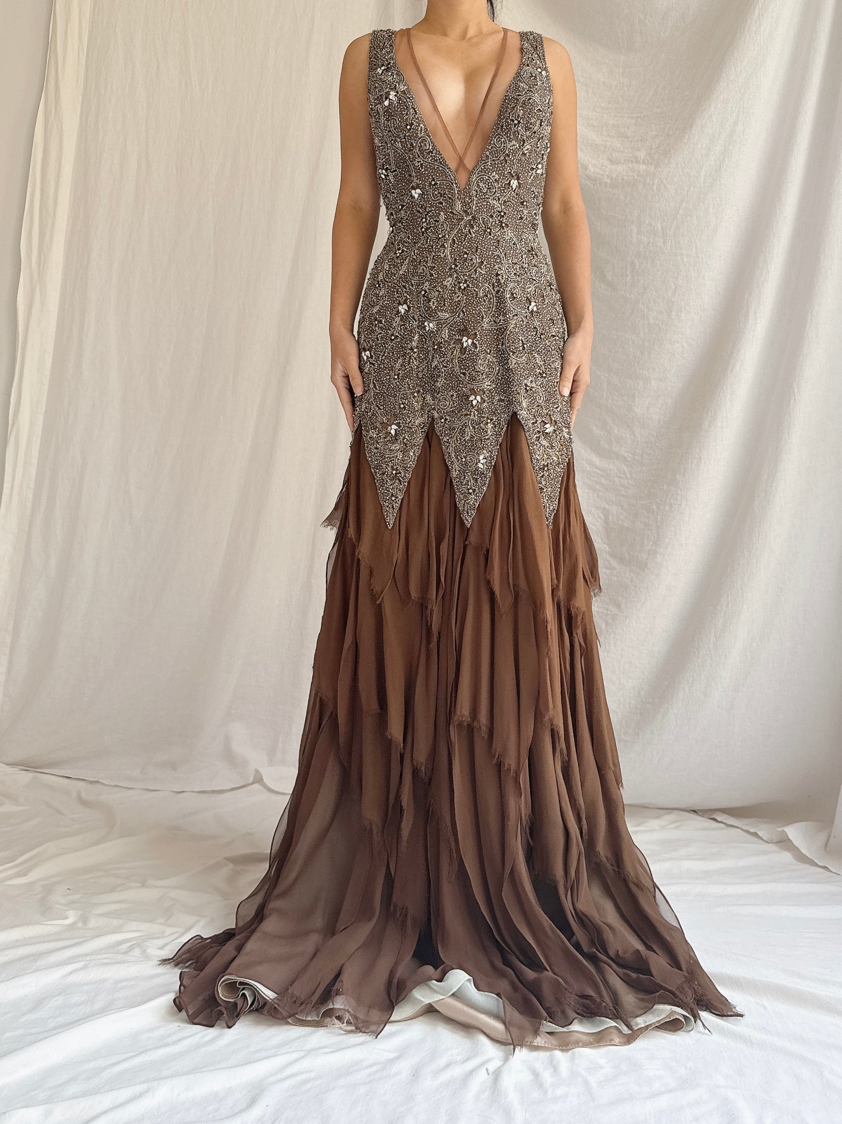 Vintage Stephen Yearrick Silk Raw Hem Beaded Gown - M/6