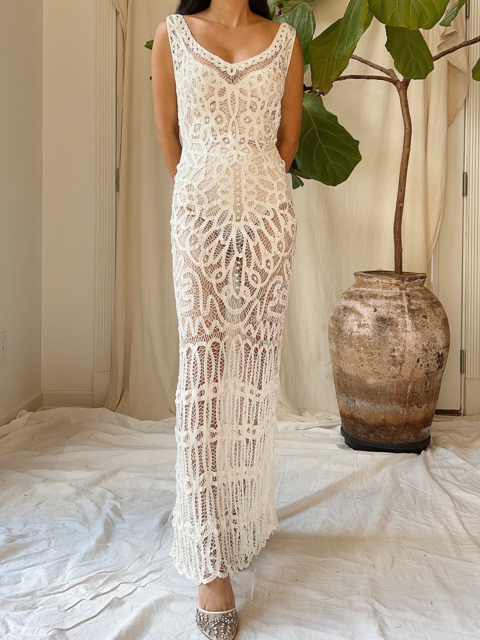 Vintage Battenburg Crochet Lace Dress - S/M