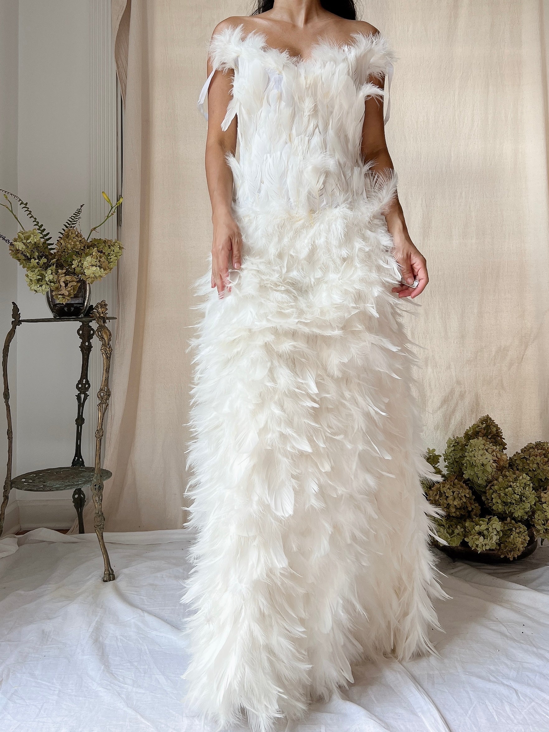 Vintage Ivory Feather Gown - M