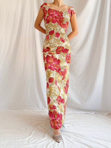 1960s Peony Brocade Wiggle Dress - M