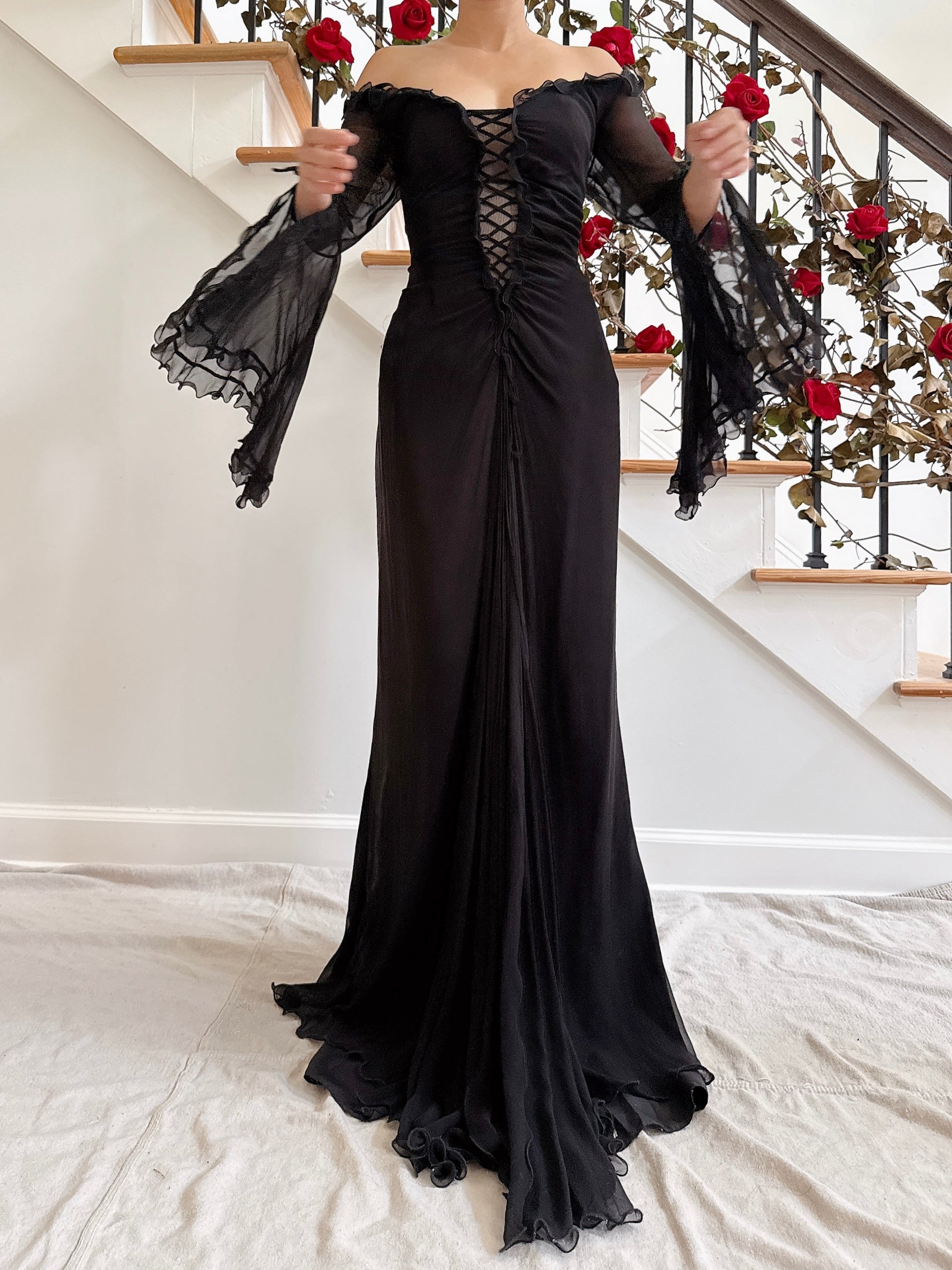 Vintage Belleville Sassoon Silk Angel Sleeve Gown - UK 16
