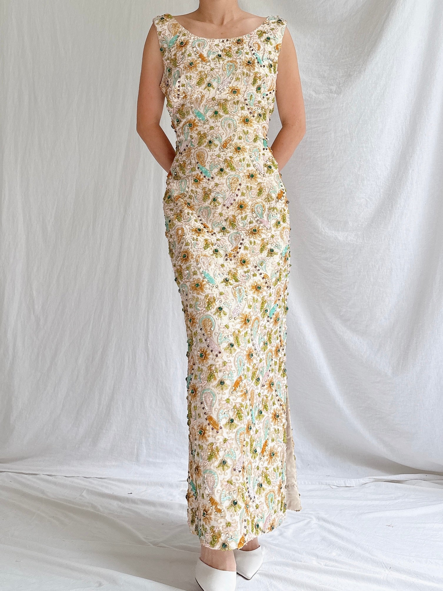 1960s Beaded Brocade Column Gown - M