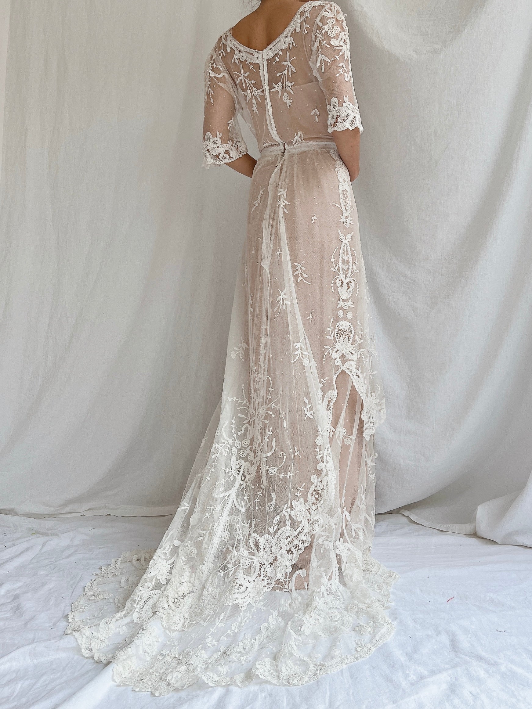 Antique Duchesse Lace Gown with Silk Slip - S