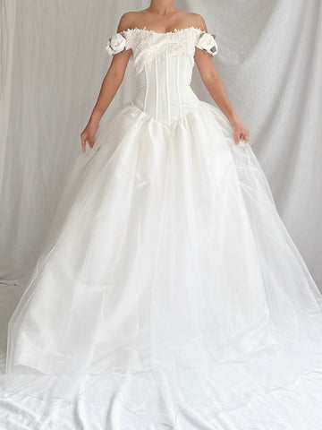 Vintage Off-the-Shoulder Rosette Dress - M/8