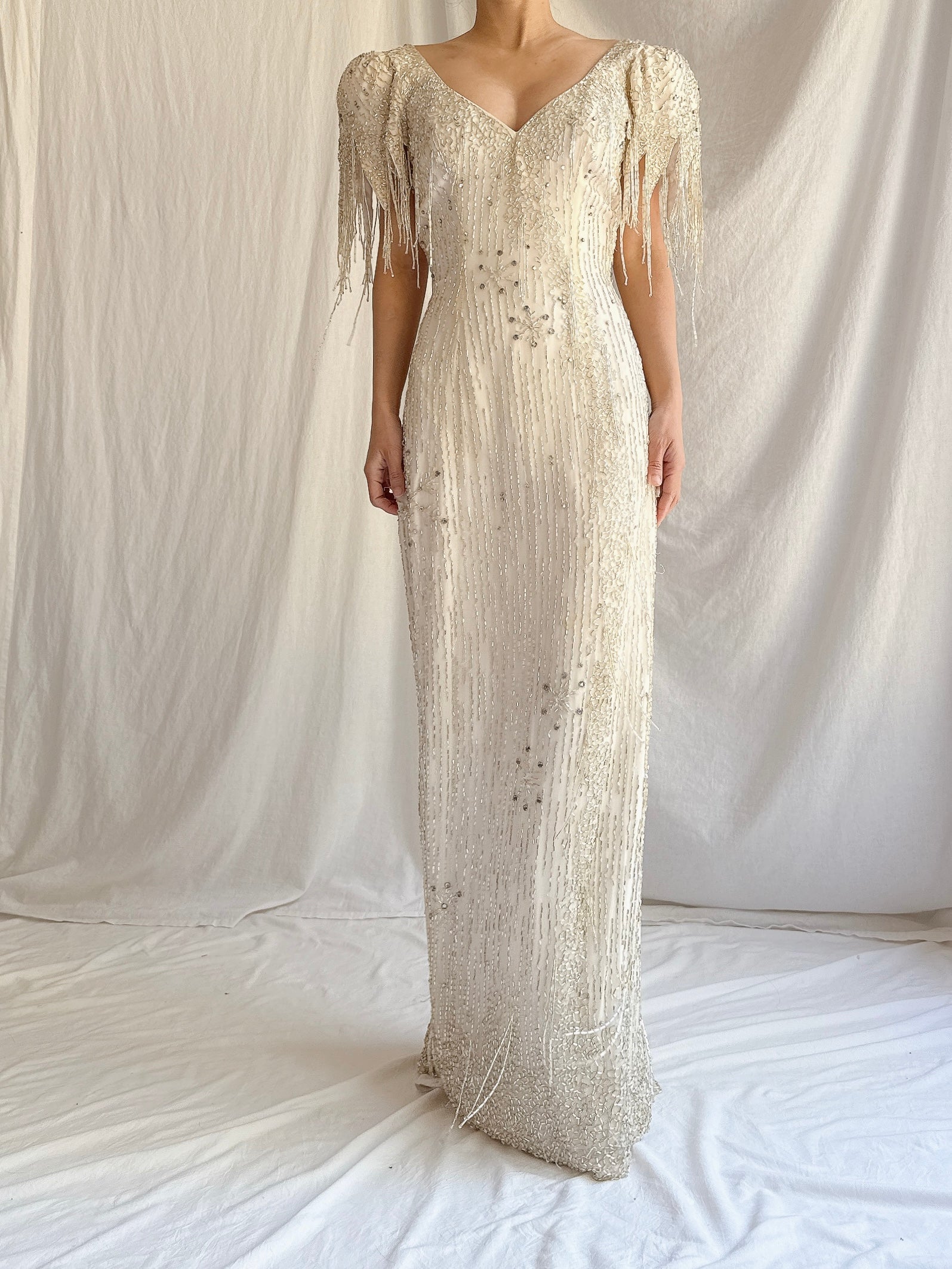 1980s Silk Chiffon Beaded Tassel Gown - S