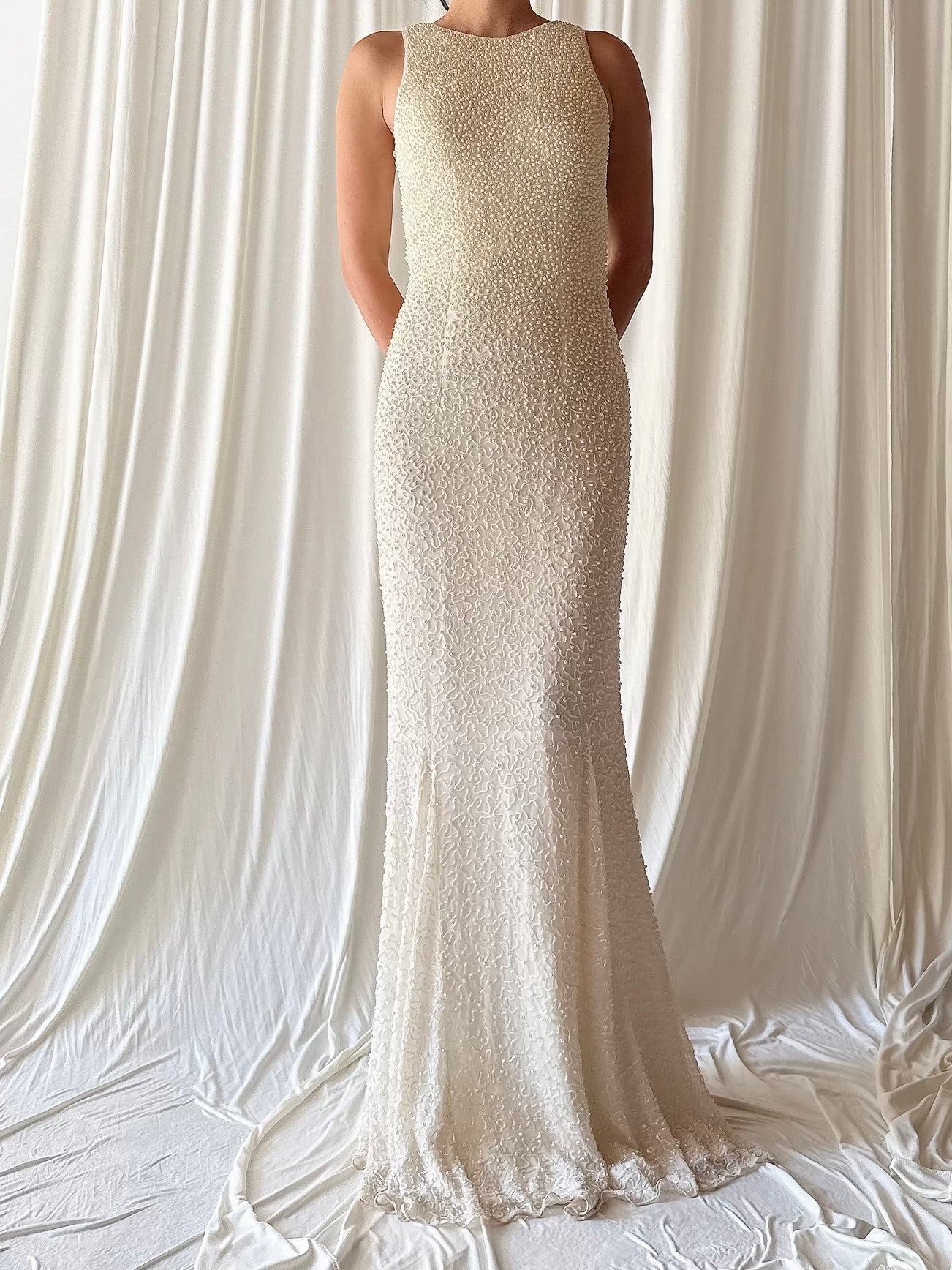 Vintage Silk Pearl Beaded Crewneck Gown - XS