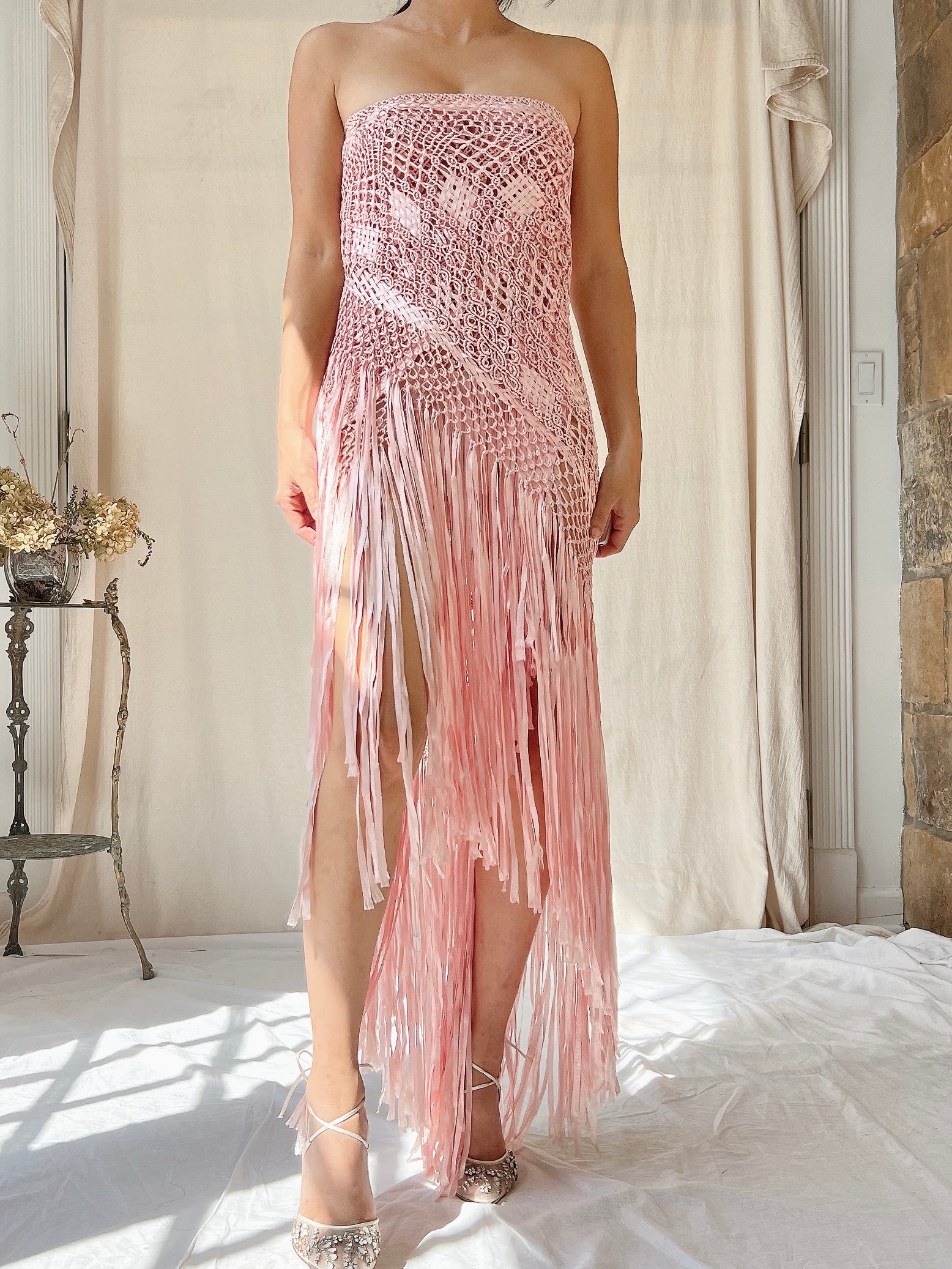 Vintage Silk Fringe Crochet Shawl - OSFM