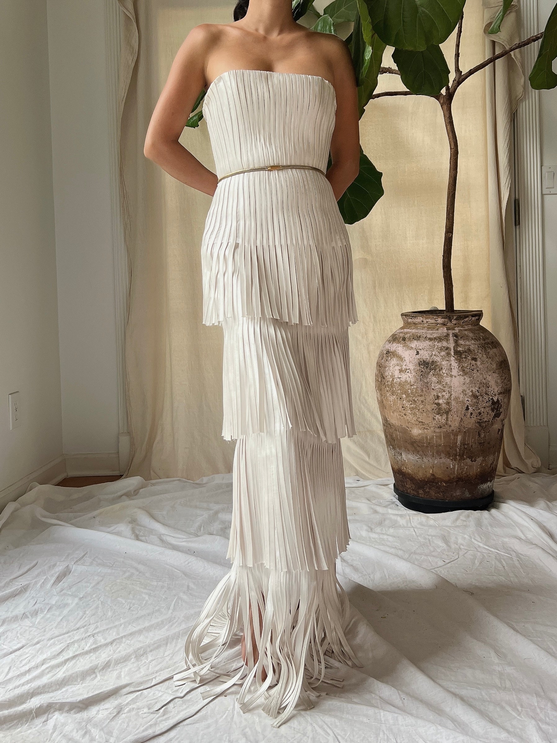 Y2K Oyster Satin Fringe Gown - S/4