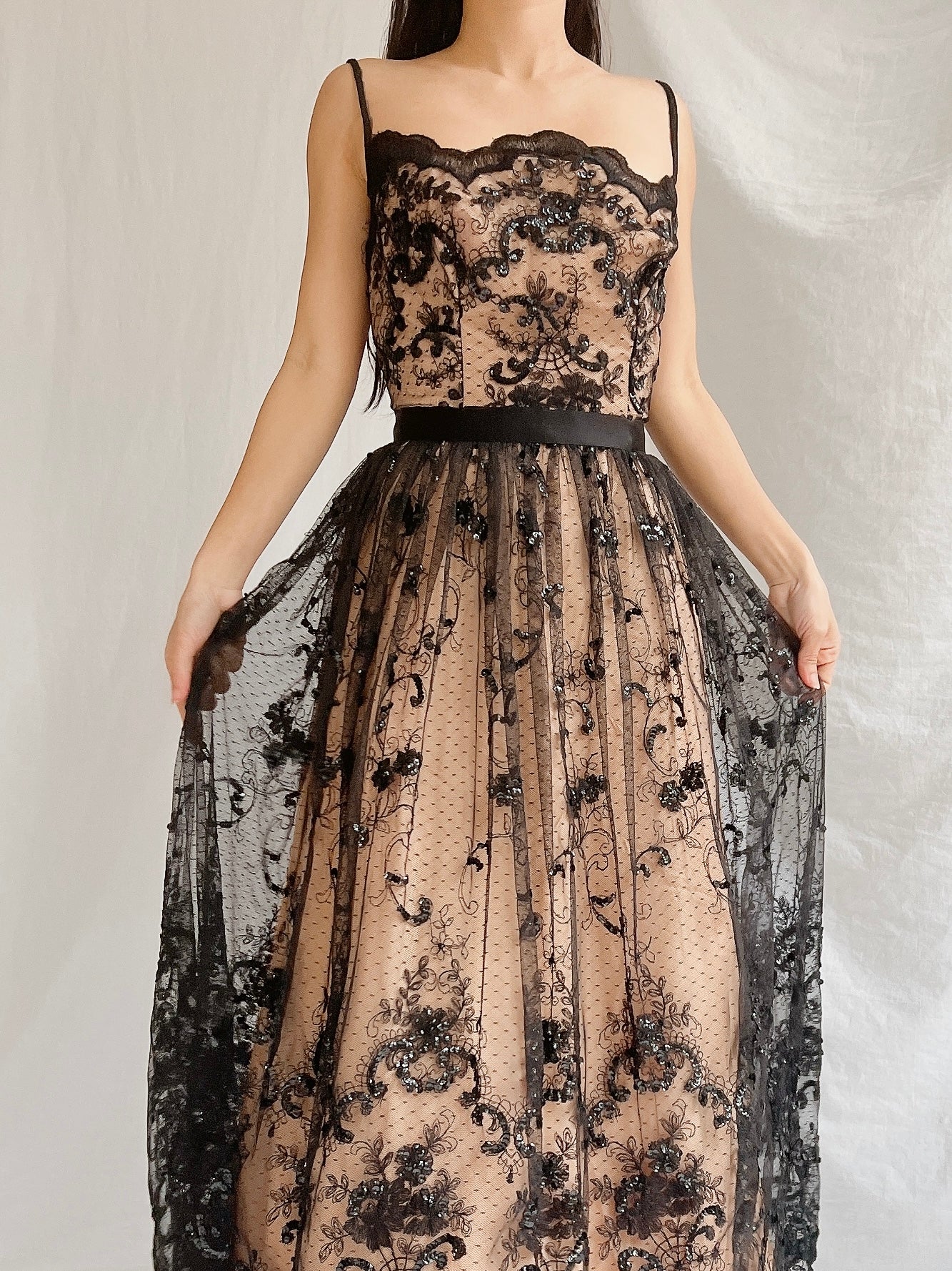 Vintage Nude and Black Lace Dress - S