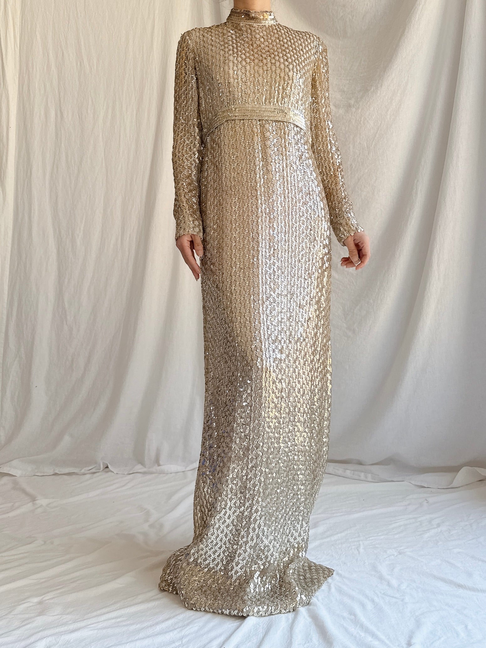 1960s Taupe Sequins Gown Taupe/Gold - S