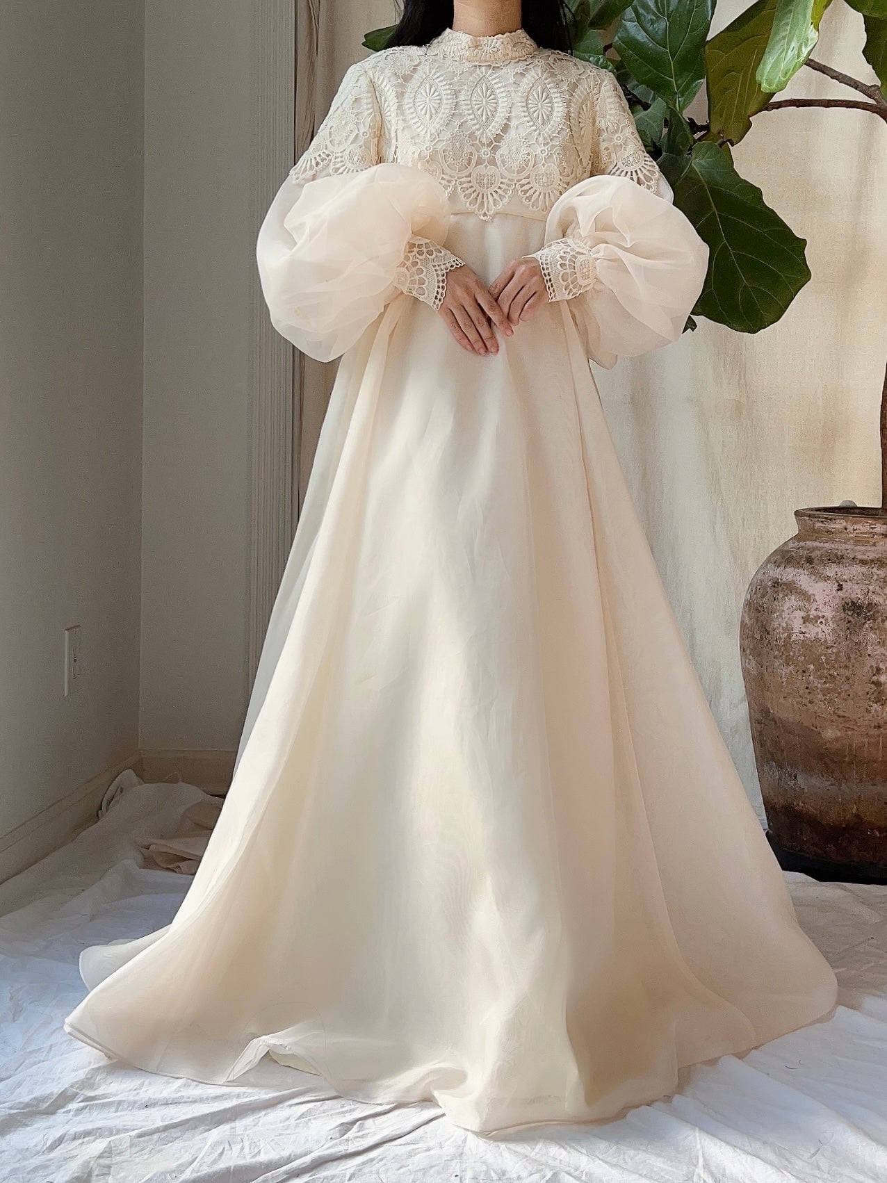 Vintage Puff Sleeves High Neck Gown - M