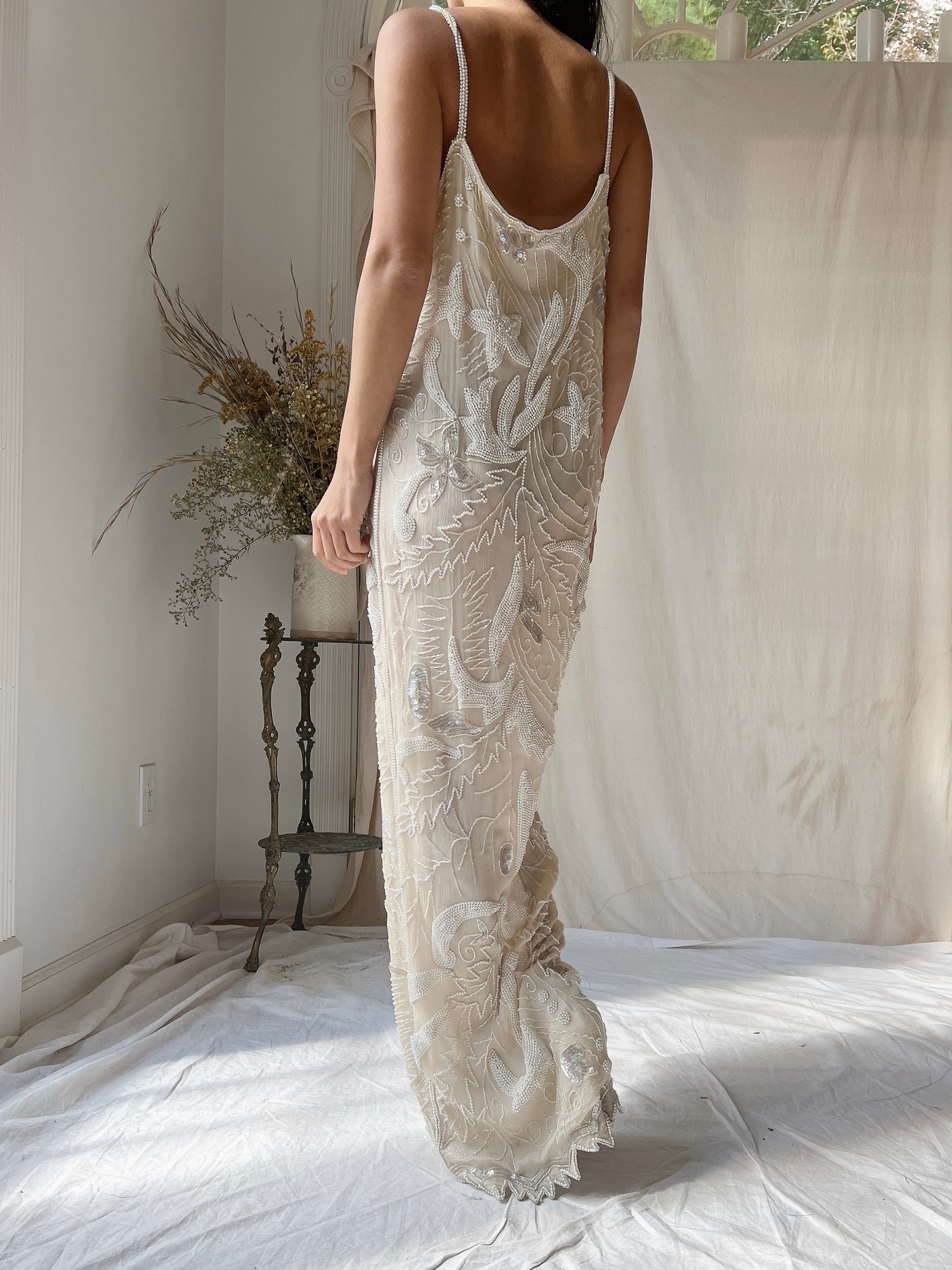 1980s Silk Chiffon Seed Pearls Stars Dress - M