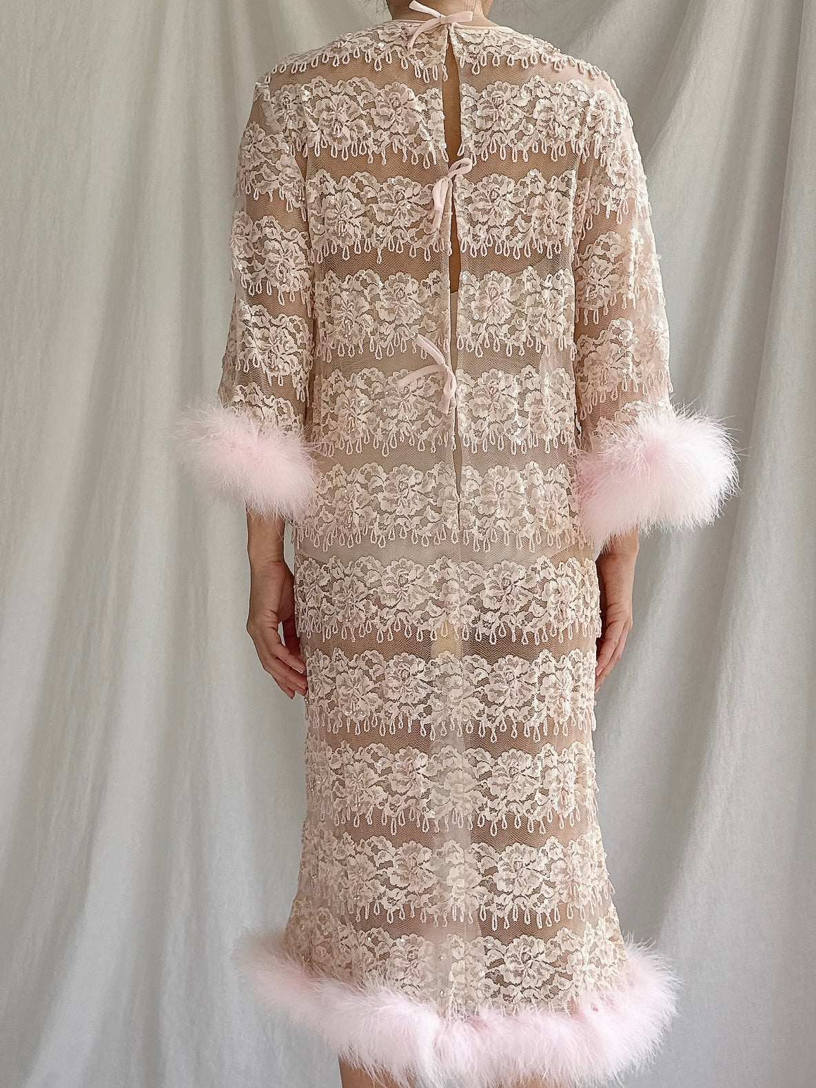 1960s Pink Beaded Dress with Feather Trim - S/M