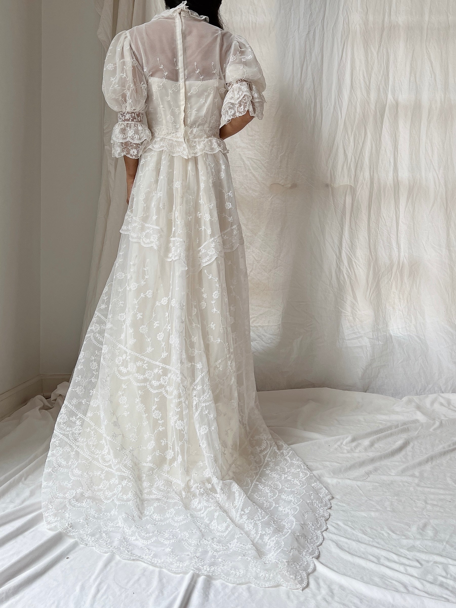 Vintage Needle Lace Puff Sleeve Gown - S
