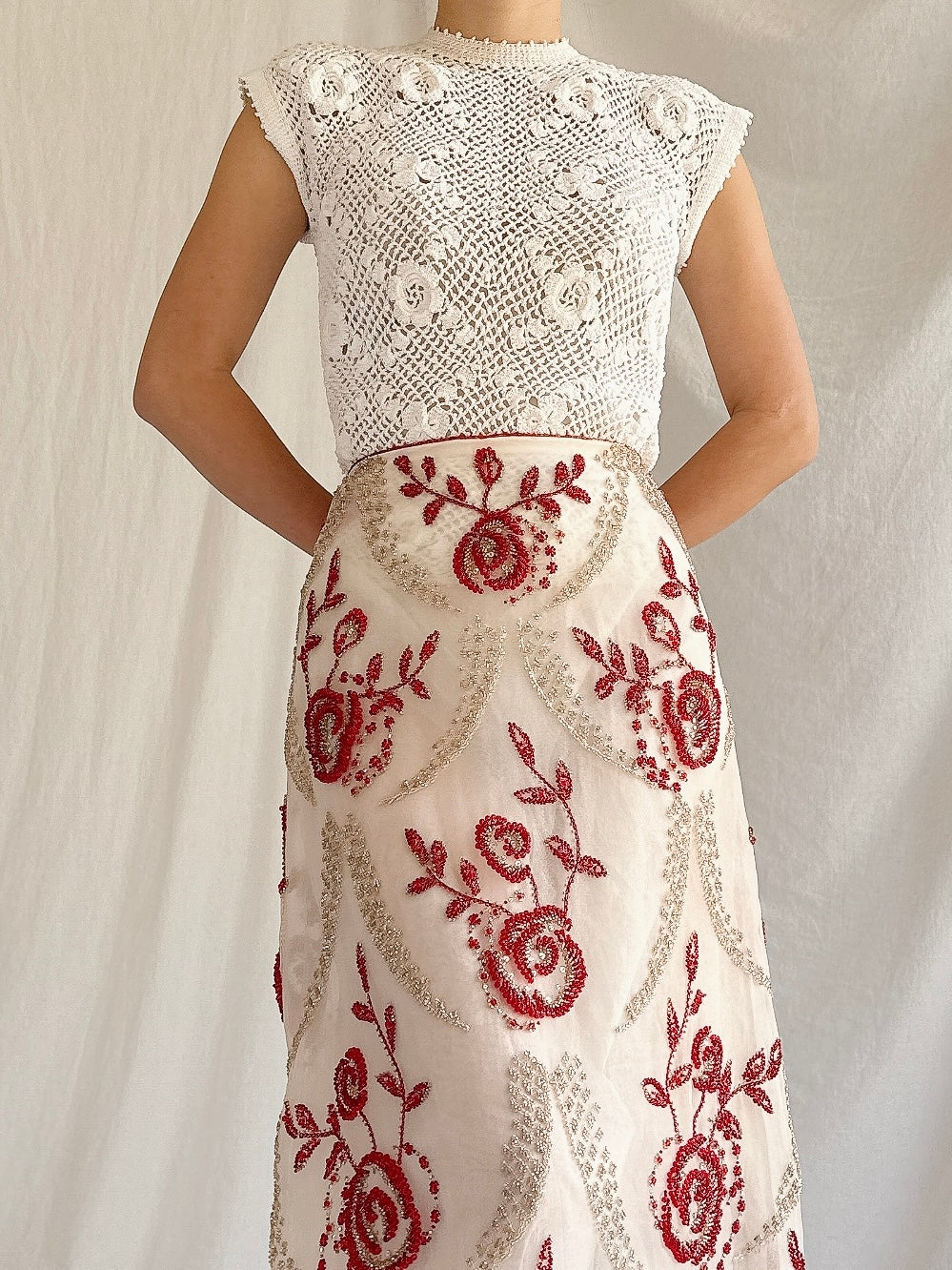 Vintage Handmade Beaded Organza Skirt - 28”