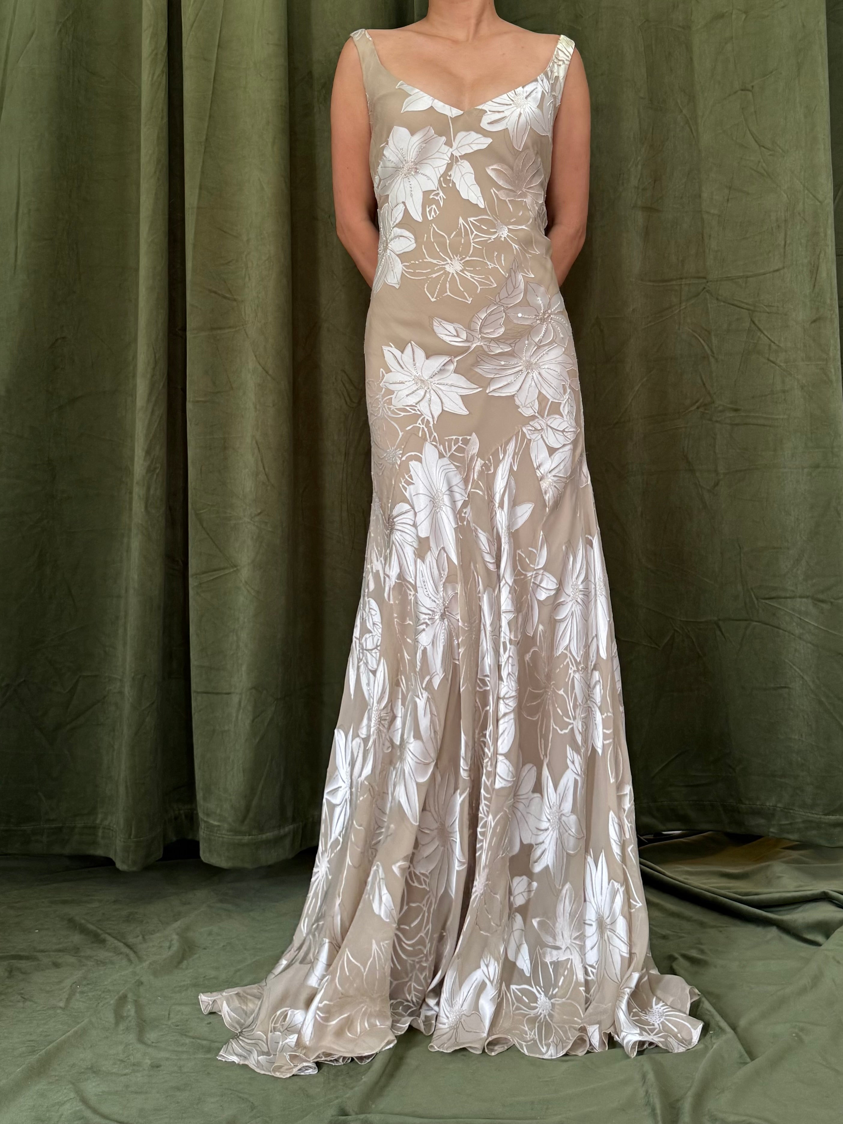 1990s Taupe Burnout Rayon Gown - M