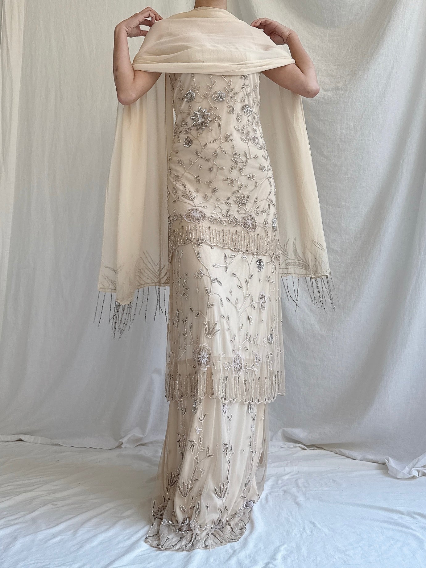 Vintage Ecru Tulle Beaded Tiered Column Gown with Silk Scarf - L